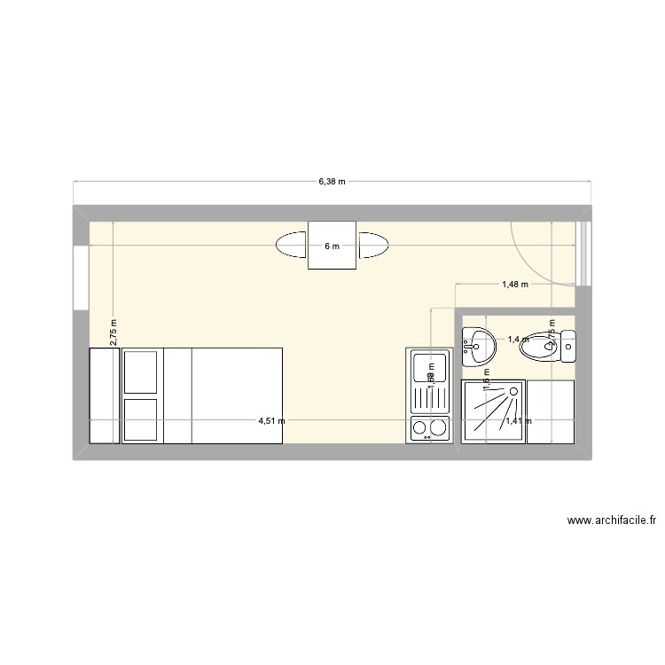 Studio 16M2. Plan de 1 pièce et 16 m2