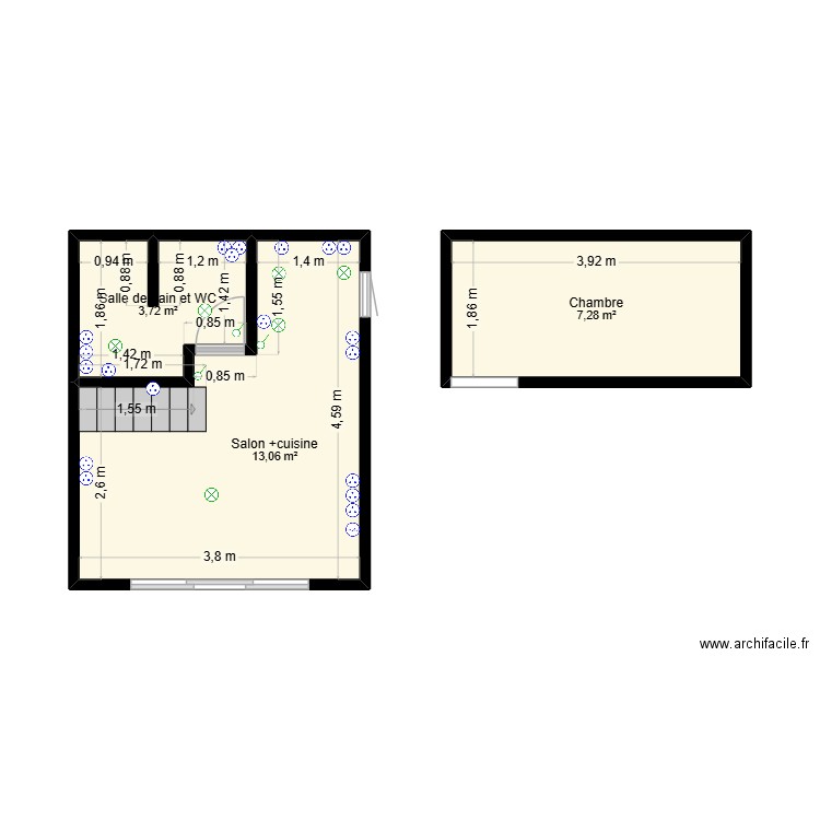 APART. Plan de 3 pièces et 24 m2