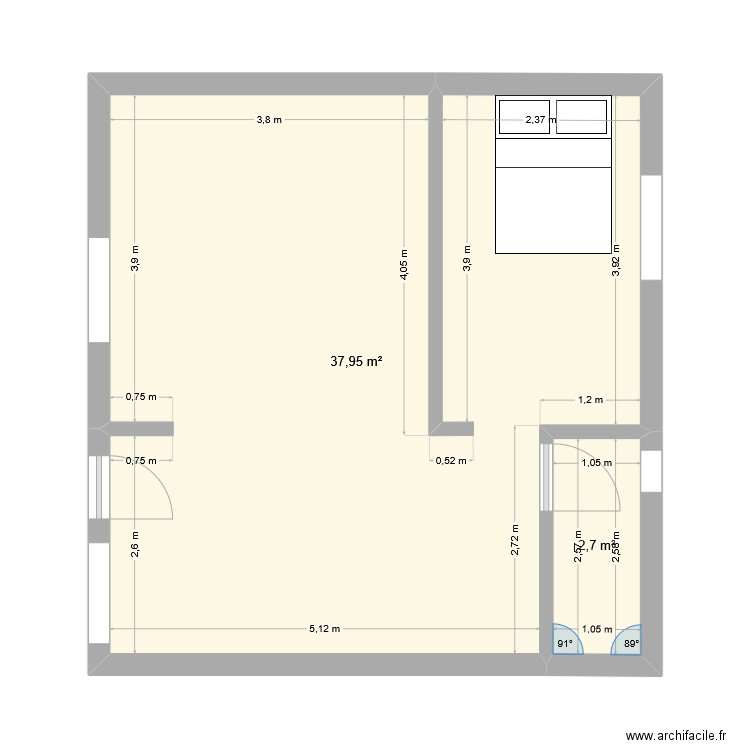 stud. Plan de 2 pièces et 41 m2