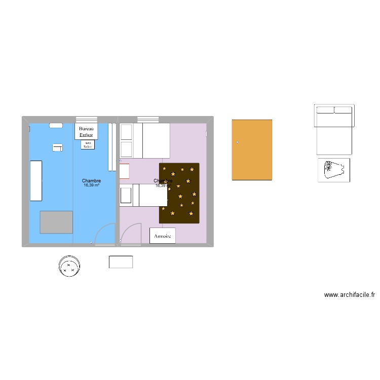 Chambre garçons. Plan de 2 pièces et 33 m2
