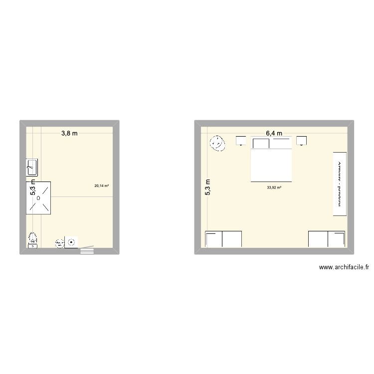 studio étage. Plan de 2 pièces et 54 m2