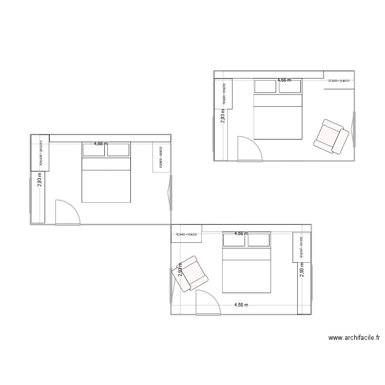 chambre parentale. Plan de 3 pièces et 40 m2