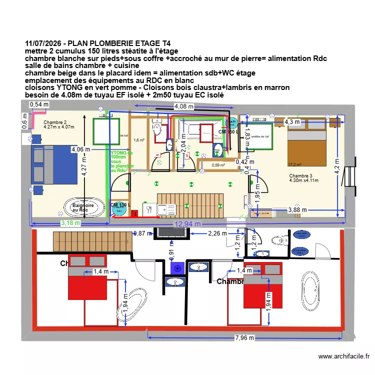 PLAN plomberie T4- 11 juillet 2026- 2 CM 150 litres étage. Plan de 5 et 53 m² PLAN plomberie T4- 11 juillet 2026- 2 CM 150 litres étage. Plan de 5 et 53 m²