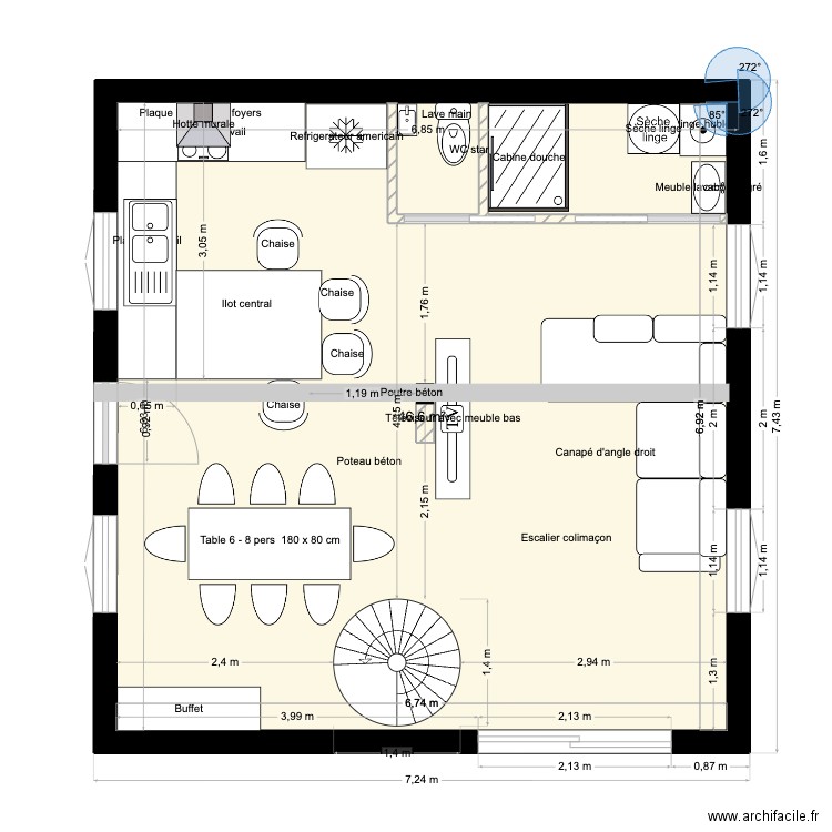 plan bas. Plan de 1 pièce et 47 m2
