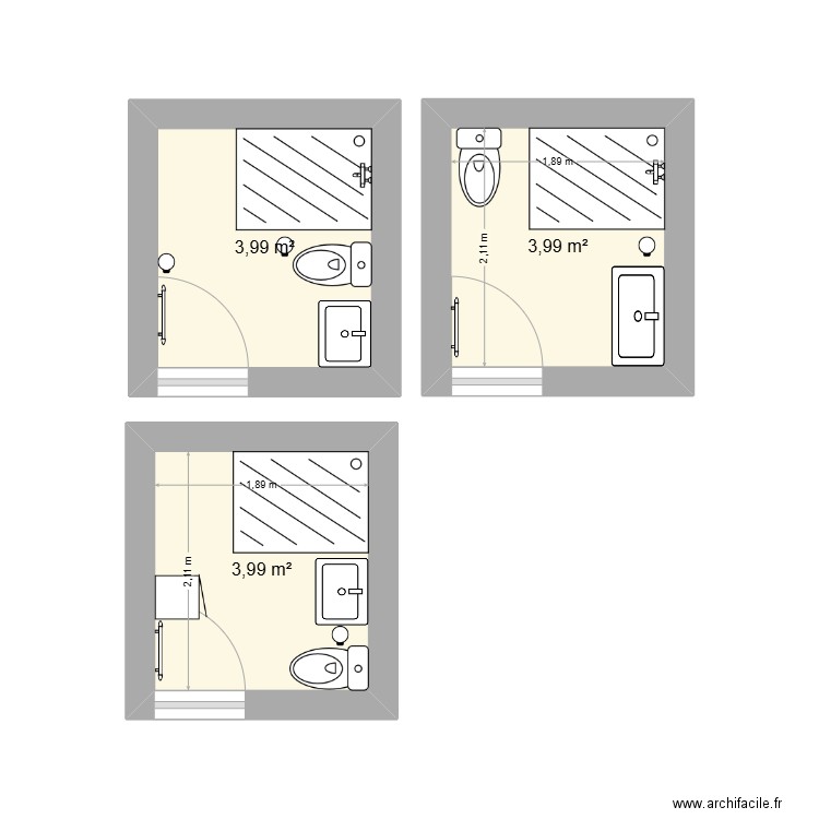 Salle de bain avec toilettes. Plan de 3 pièces et 12 m2