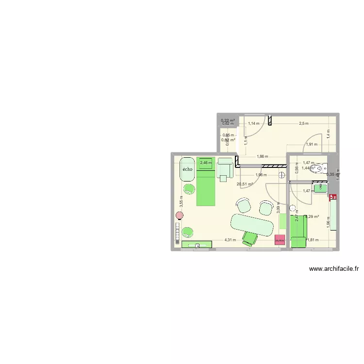 cabinet. Plan de 6 pièces et 27 m²