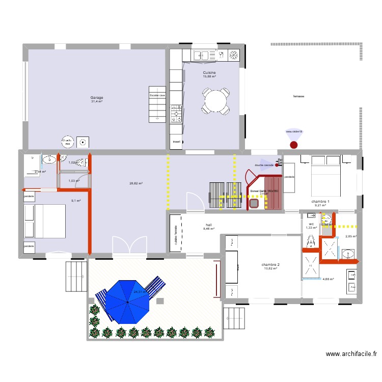 Visiteurs intégrés. Plan de 16 pièces et 154 m2