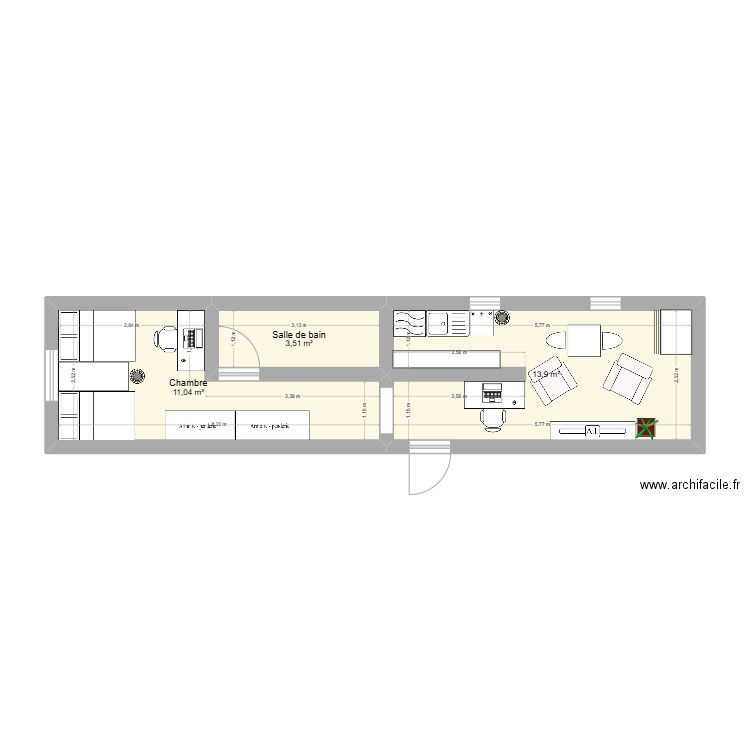 Conteneur technologie. Plan de 3 pièces et 28 m2