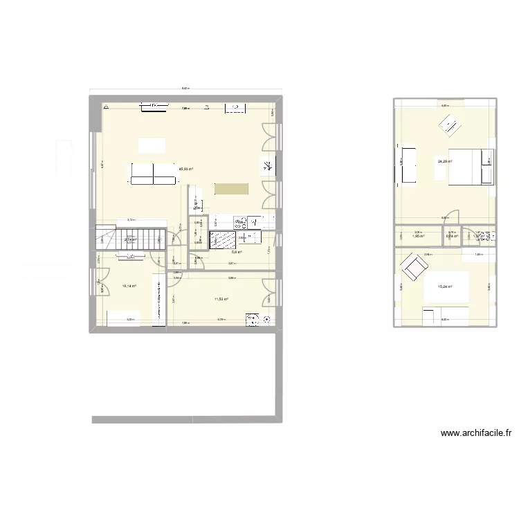 Maison avant extension et avec modification. Plan de 10  et 120 m²
