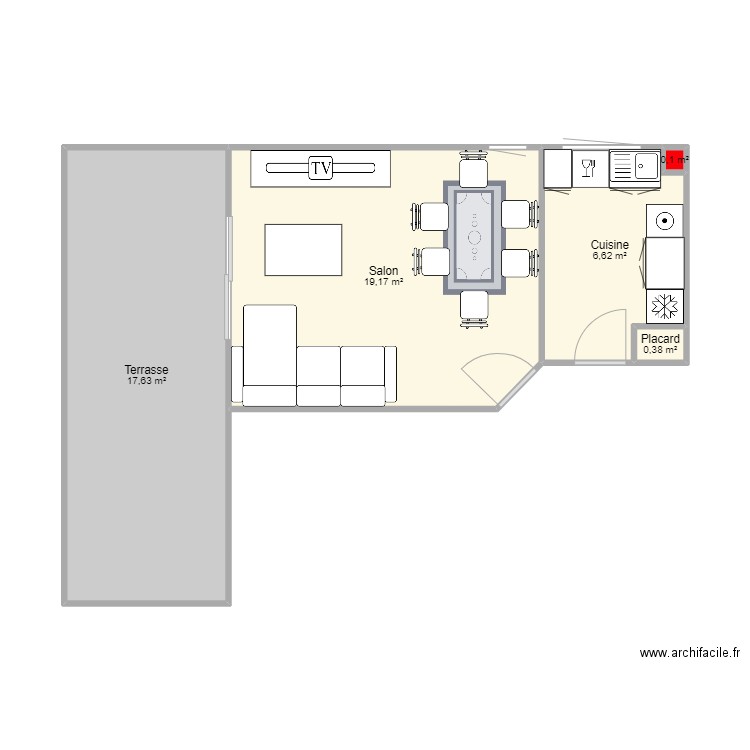 Cuisine les Palmiers. Plan de 5 pièces et 44 m2