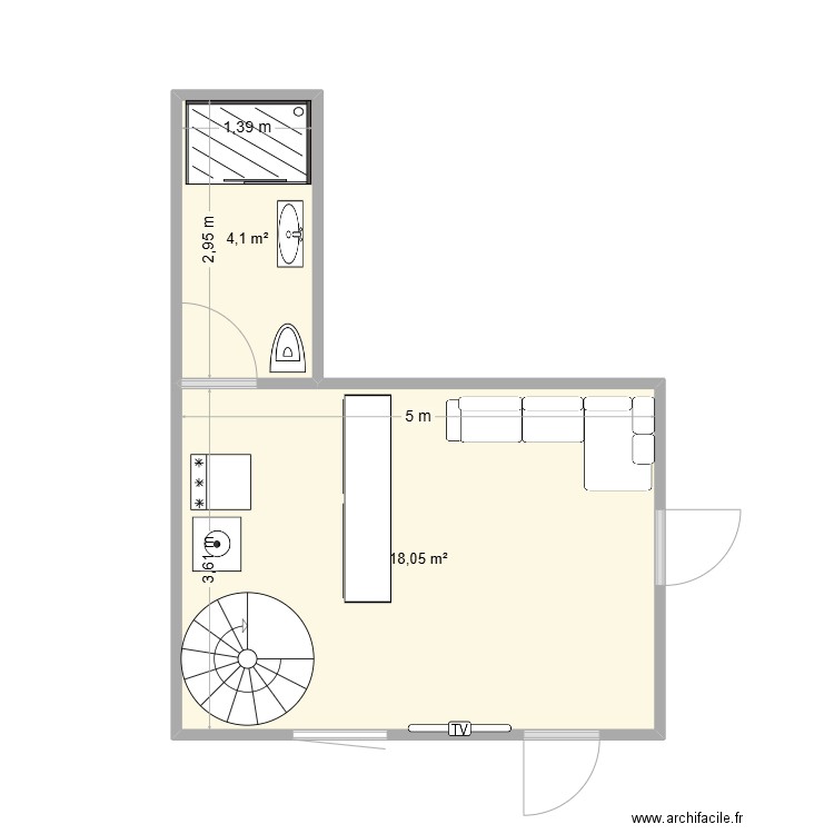 Bas de maison. Plan de 2 pièces et 22 m2