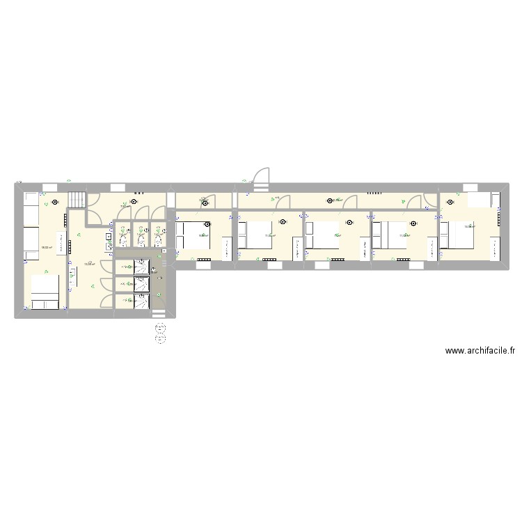 Extension chambre numéro 5. Plan de 25 pièces et 227 m2