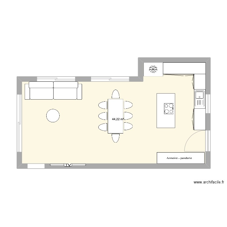 salon 2. Plan de 1 pièce et 44 m2