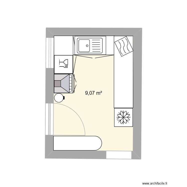 cuisine. Plan de 1 pièce et 9 m2