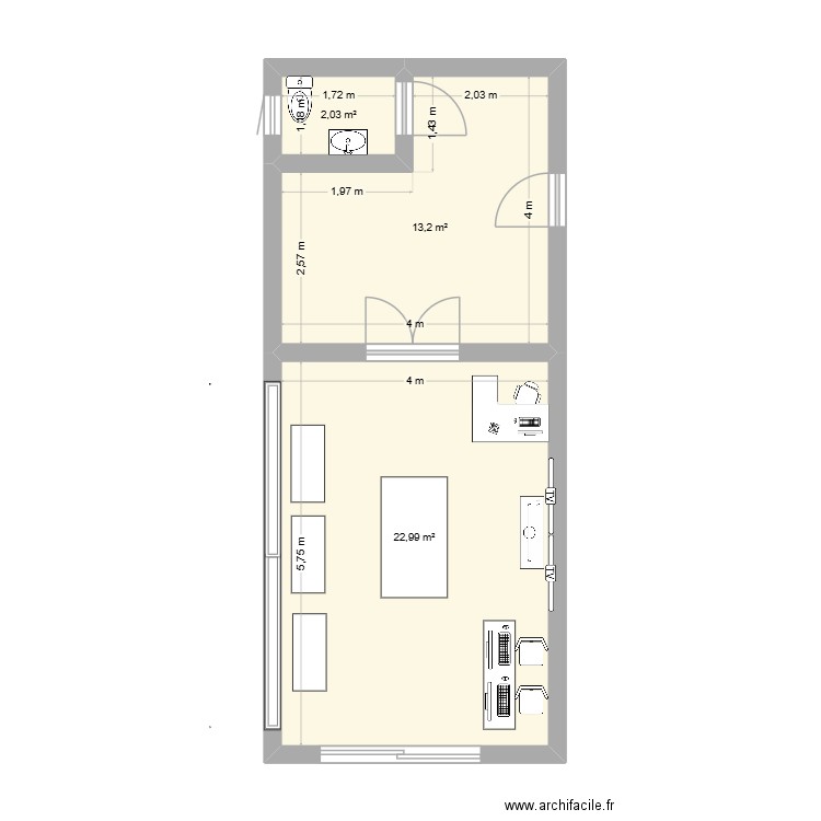commerce. Plan de 3 pièces et 38 m2