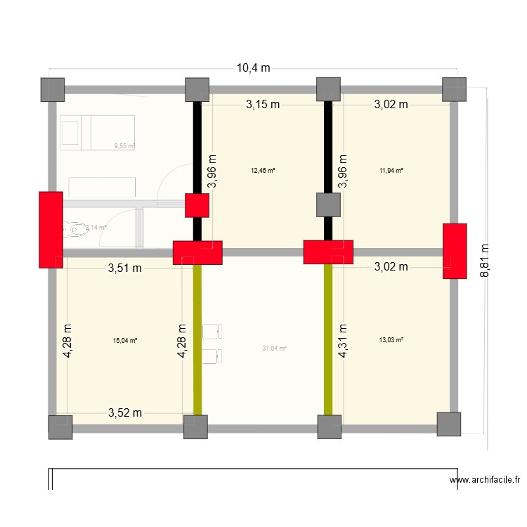 fondation. Plan de 11 pièces et 132 m2