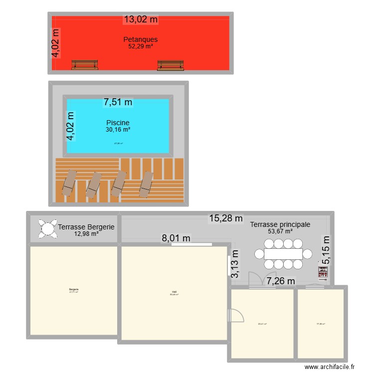 Fleury piscine + terrain de boule. Plan de 9 pièces et 368 m2