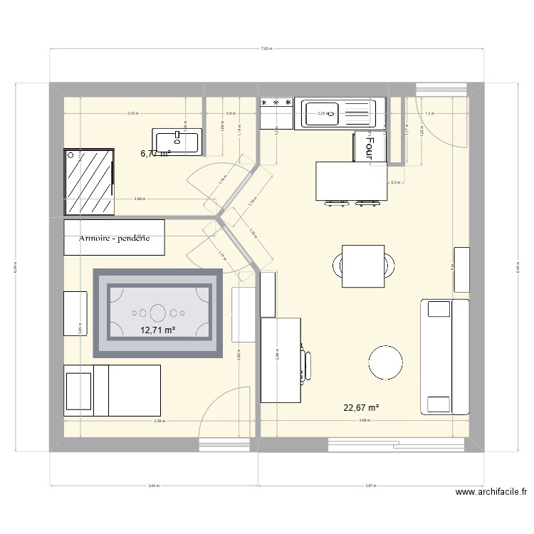 Appart. Plan de 3 pièces et 42 m2