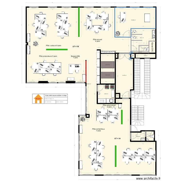 Plan 1 étage-sanitaires côté cour. V4. Plan de 15 pièces et 294 m2
