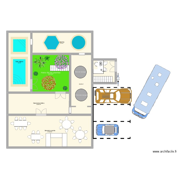 Hamman en hormigon. Plan de 7 pièces et 171 m2