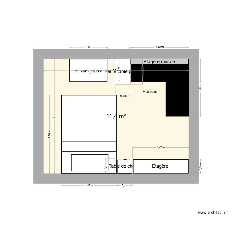 Chambre Neuve. Plan de 1 pièce et 11 m2