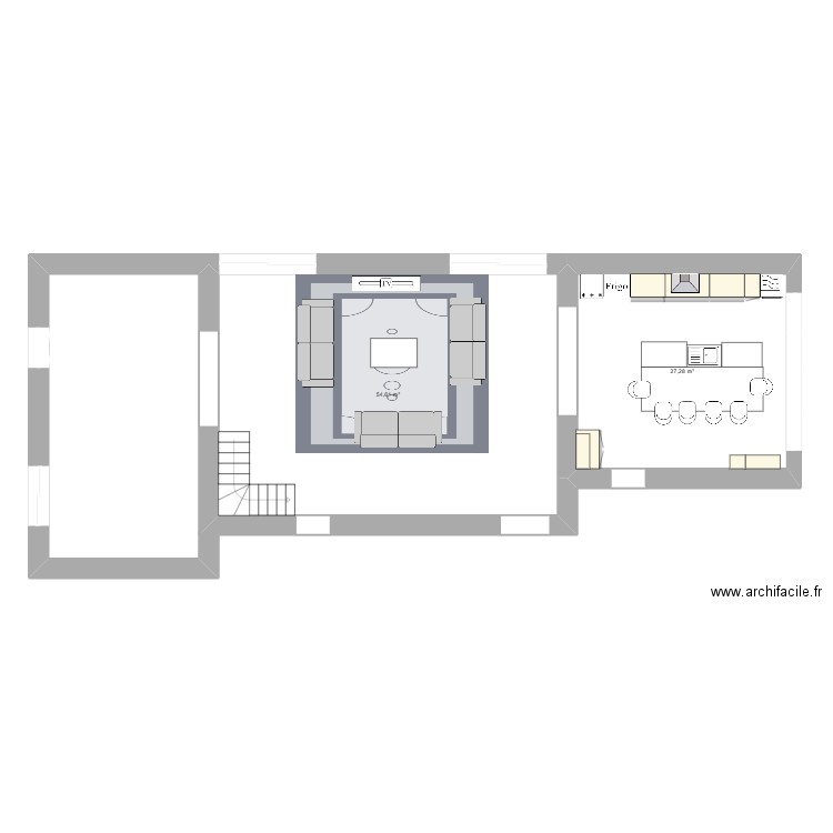 cuisine et salon. Plan de 2 pièces et 82 m2