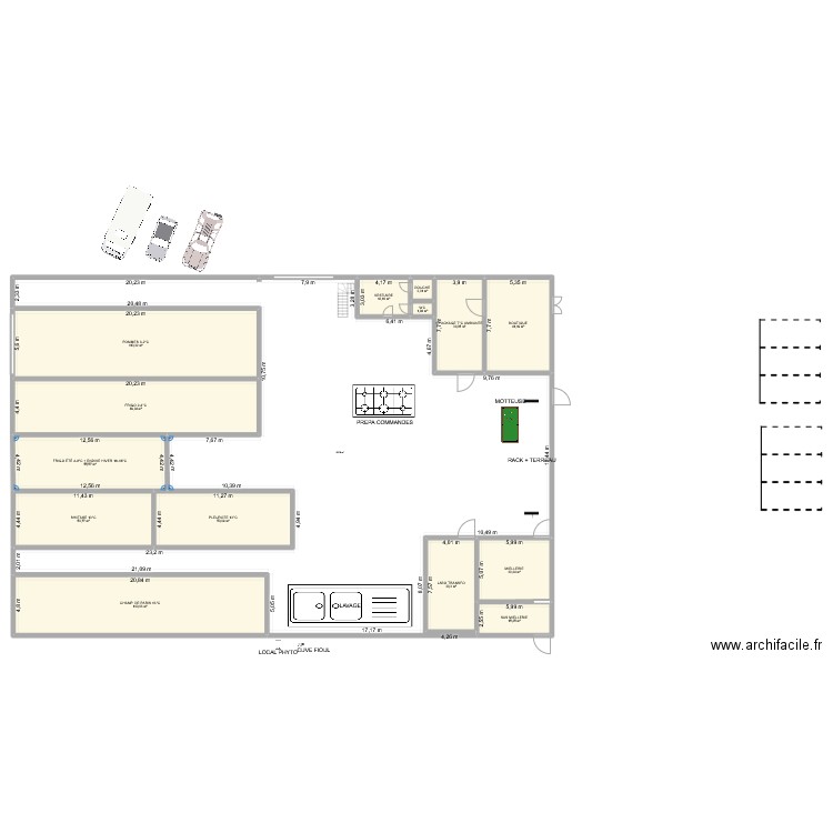batiment. Plan de 15 pièces et 1255 m2