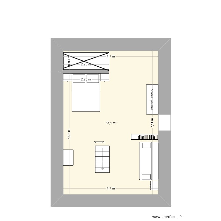 Grenier. Plan de 1 pièce et 33 m2