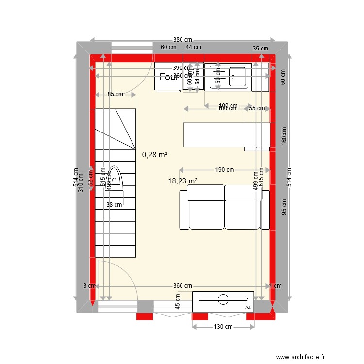 RDC maison . Plan de 2 pièces et 19 m2