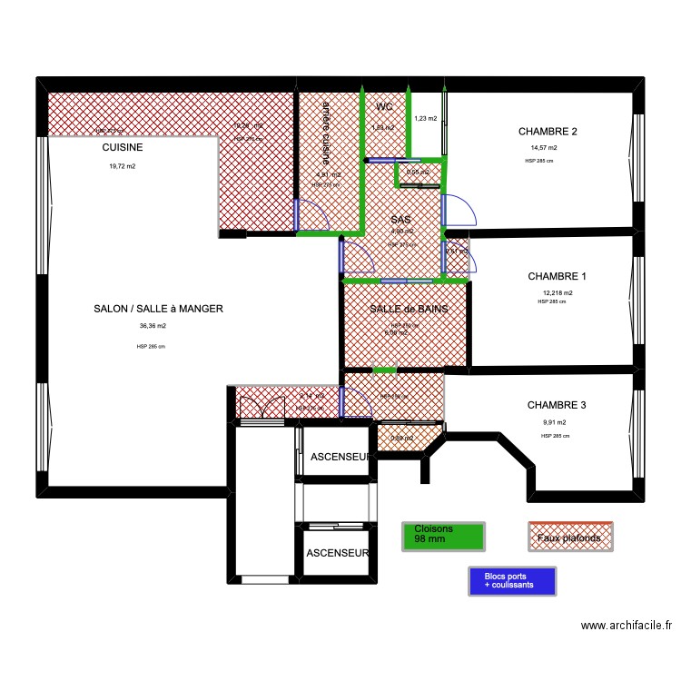 PLAN cloisons + F. plafonds 22 BV. Jean Mermoz 92200 NEULLY-SUR-SEINE. Plan de 22 pièces et 131 m2