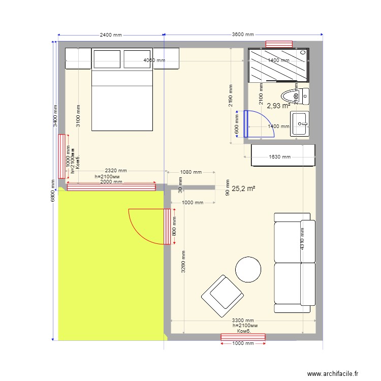 krym 222. Plan de 3 pièces et 35 m2