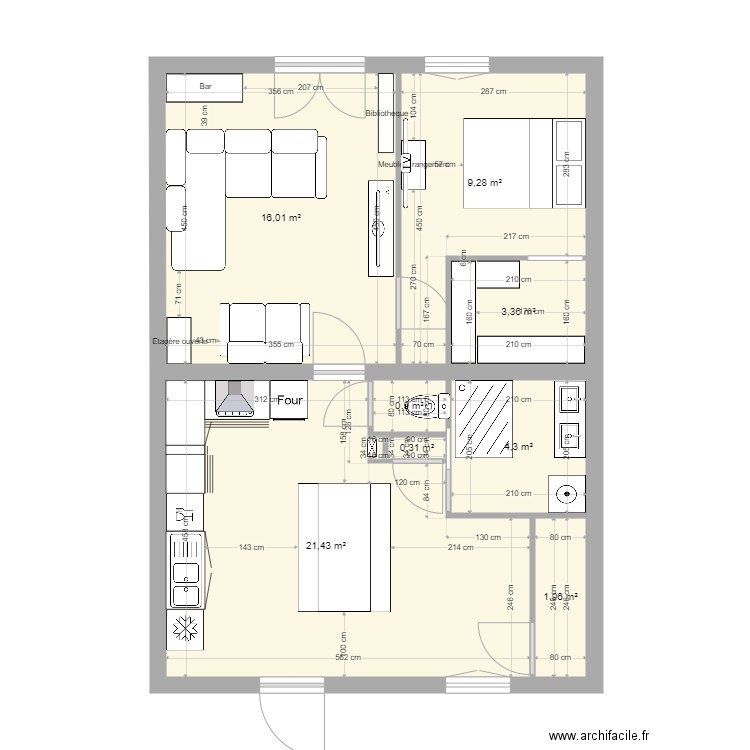 Charbonnier. Plan de 9 pièces et 58 m2