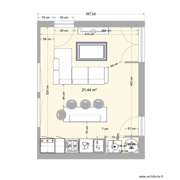 Caudéran salon 2. Plan de 1 pièce et 21 m2