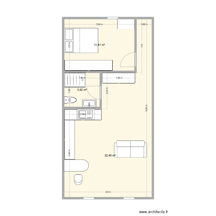 combles3. Plan de 3 pièces et 48 m2