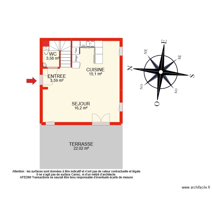 BI 9789 RDC. Plan de 6 pièces et 62 m2