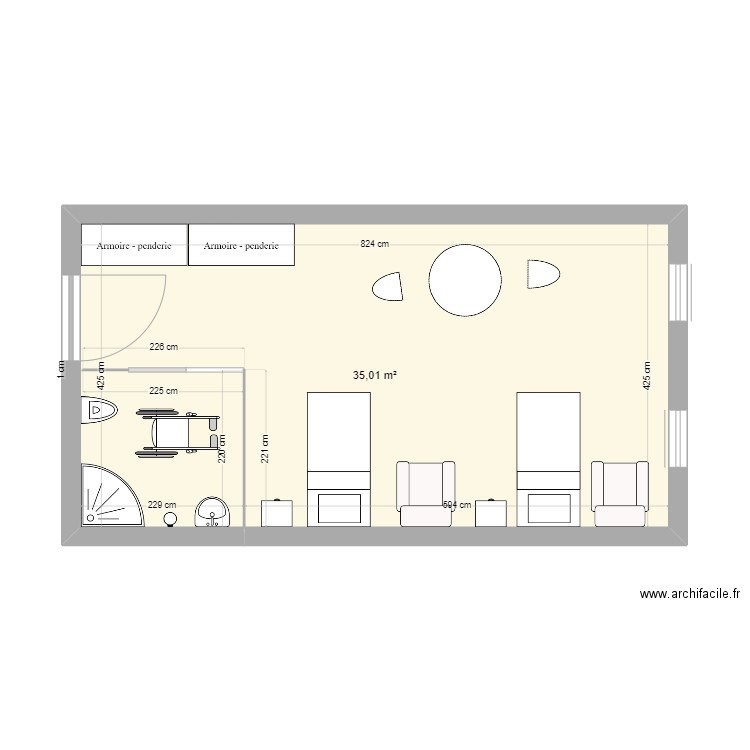 Chambre double. Plan de 1 pièce et 35 m2