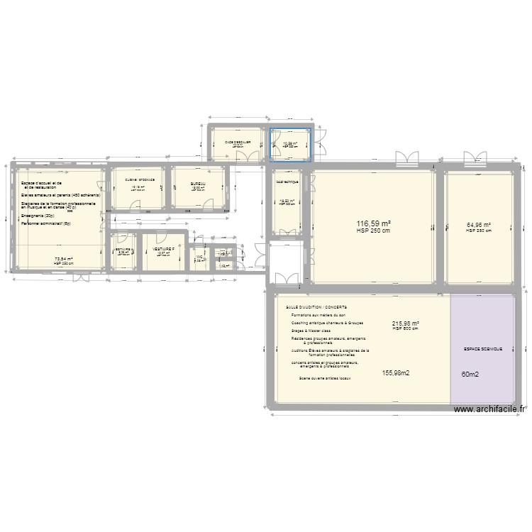 RC et SALLE AUDITION IMPULSE maj 29-06-22 . Plan de 14 pièces et 580 m2