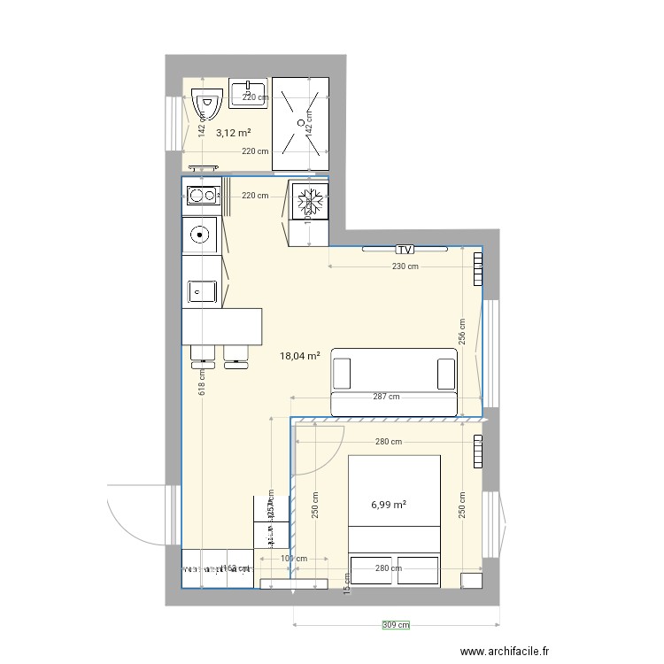 Villa Dancourt aménagé. Plan de 3 pièces et 28 m2