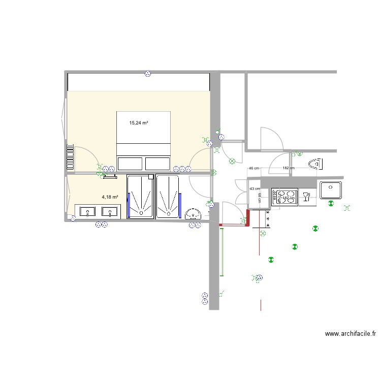 Salle de bain chambre6. Plan de 2 pièces et 19 m2