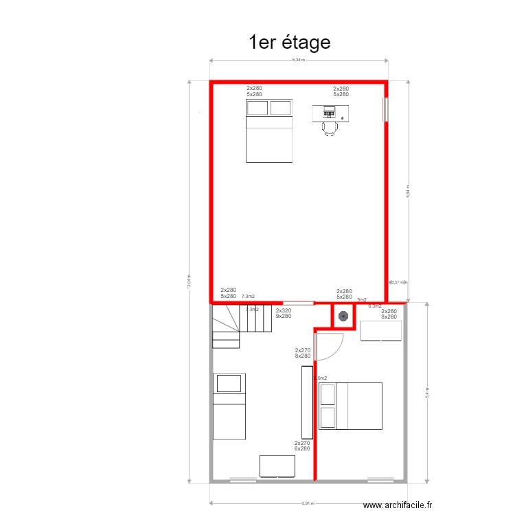 metrage mur et cloison 1er etage. Plan de 4 pièces et 63 m2
