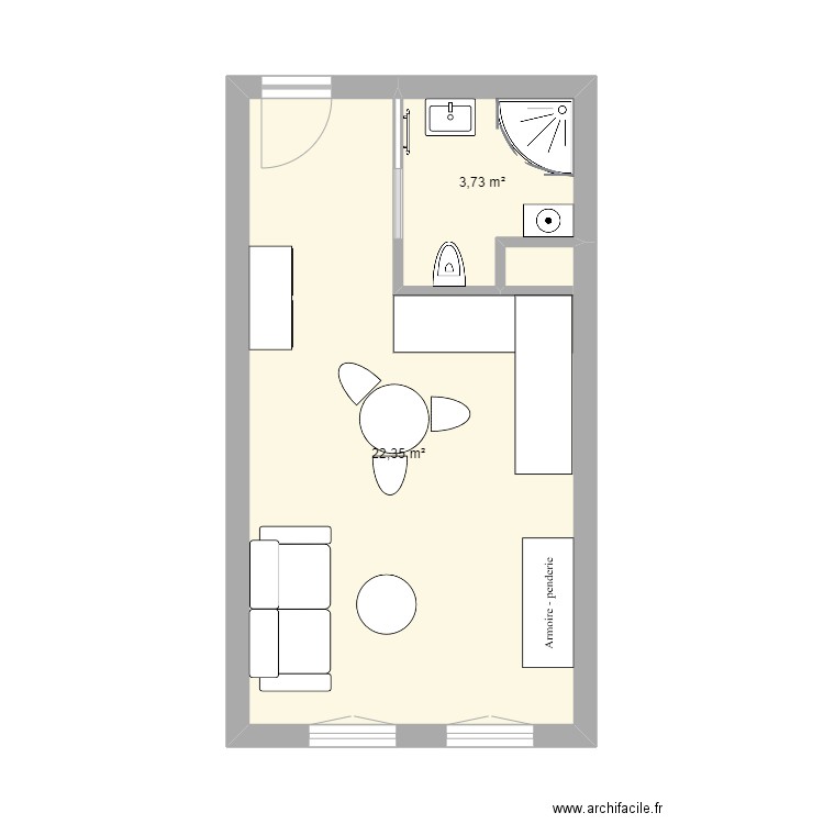 Bolivar V2. Plan de 2 pièces et 26 m2