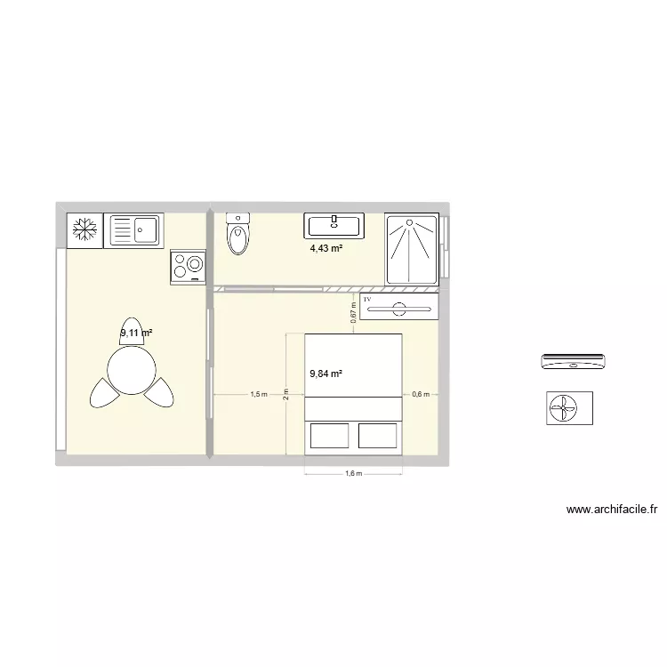 Bungalow 1. Plan de 3  et 23 m²