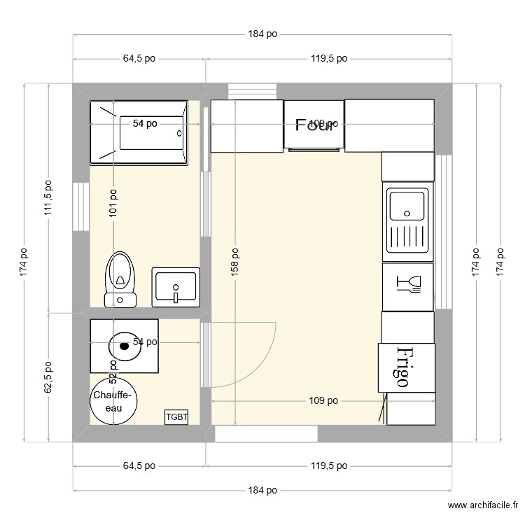 Slab. Plan de 3 pièces et 16 m2