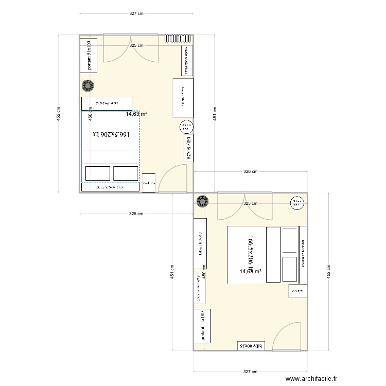 chambre balcon. Plan de 2 pièces et 29 m2