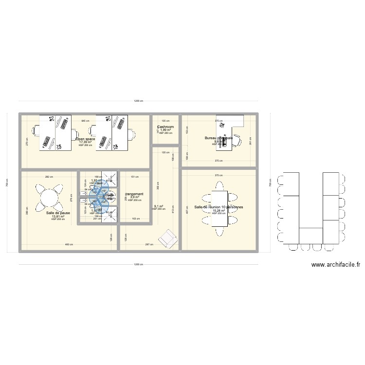 container. Plan de 10 pièces et 76 m2