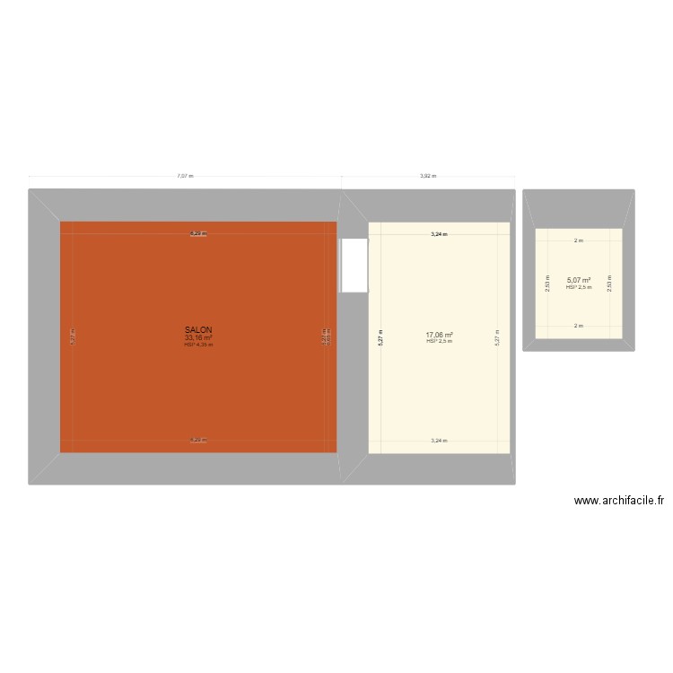 Pièces Rez de Chaussée. Plan de 3 pièces et 55 m2