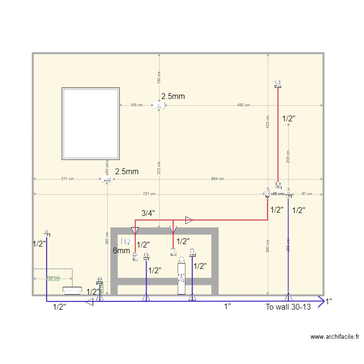 wall 30 5 flat cabinet and piping  X 3. Plan de 4 pièces et 65 m2