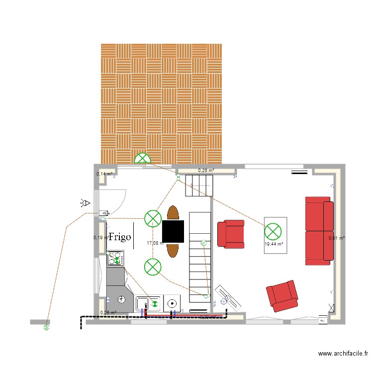 petit garage. Plan de 15 pièces et 58 m2