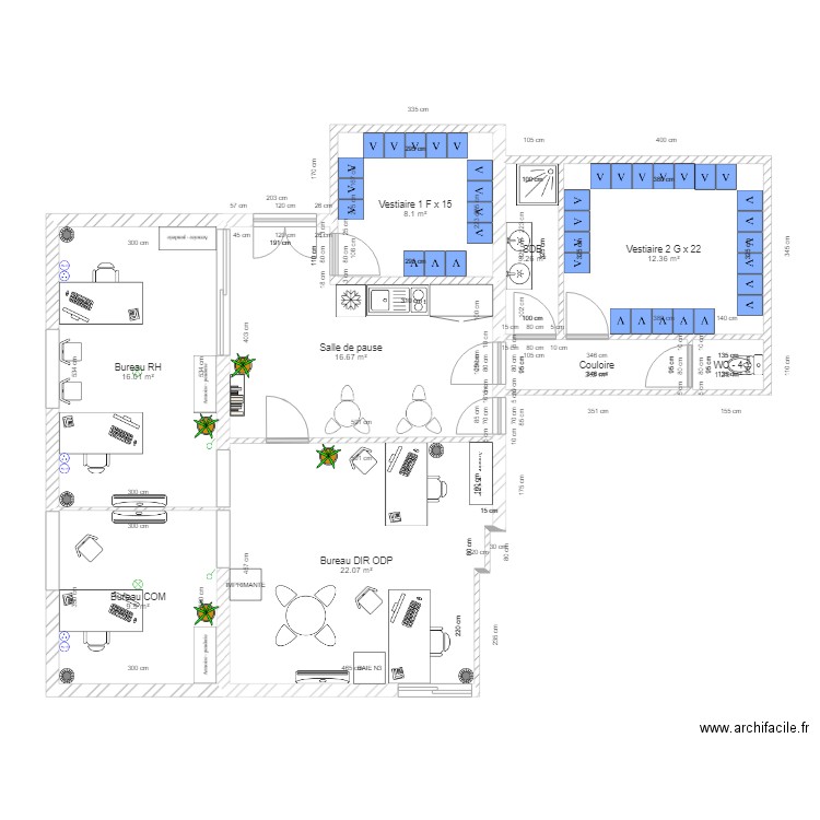 Bureau lab 1 et Vestiaires HF v4.4. Plan de 9 pièces et 93 m2