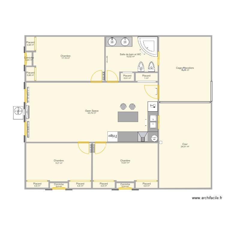 RDC. Plan de 18 pièces et 150 m2